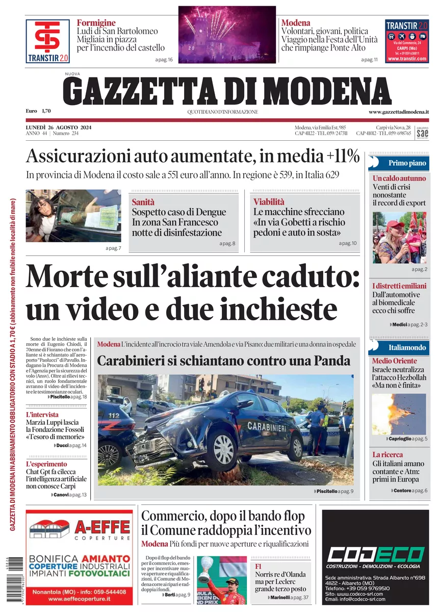 Prima-pagina-gazzetta di modena-oggi-edizione-del-2024-08-26